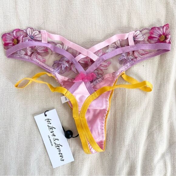 For Love And Lemons Floral Strappy Pink & Yellow Thong Panties XXS NWT - Picture 2 of 7